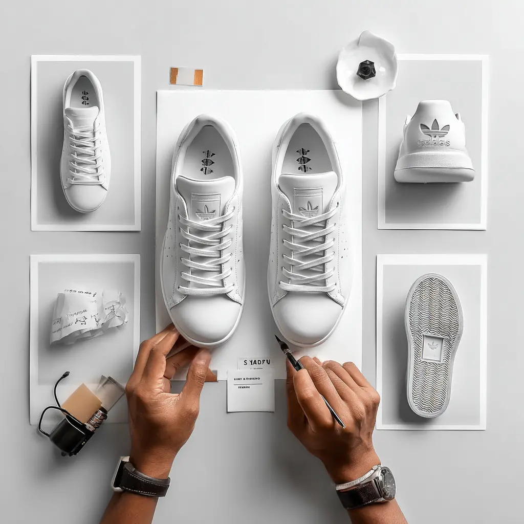 Flat lay de workspace con manos diseñando zapatillas Adidas Stan Smith blancas, vista 360° del sneaker para ecommerce